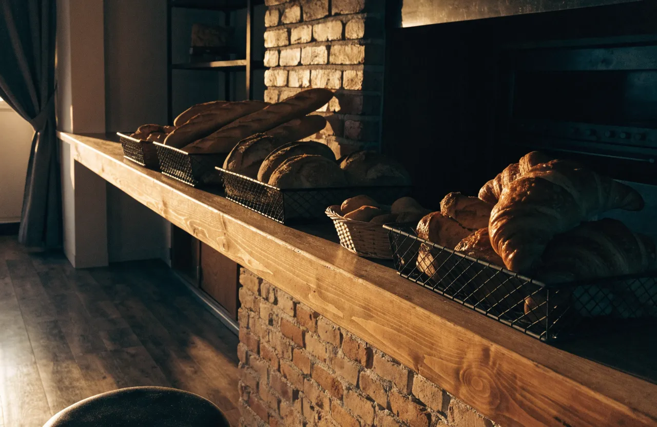 Baskets of bread and pastries on a wooden counter in front of an exposed brick wall