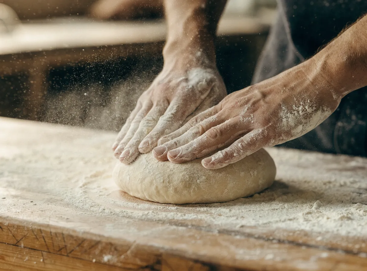 A baker's floury hands shaping a round of dough on a wooden bench
