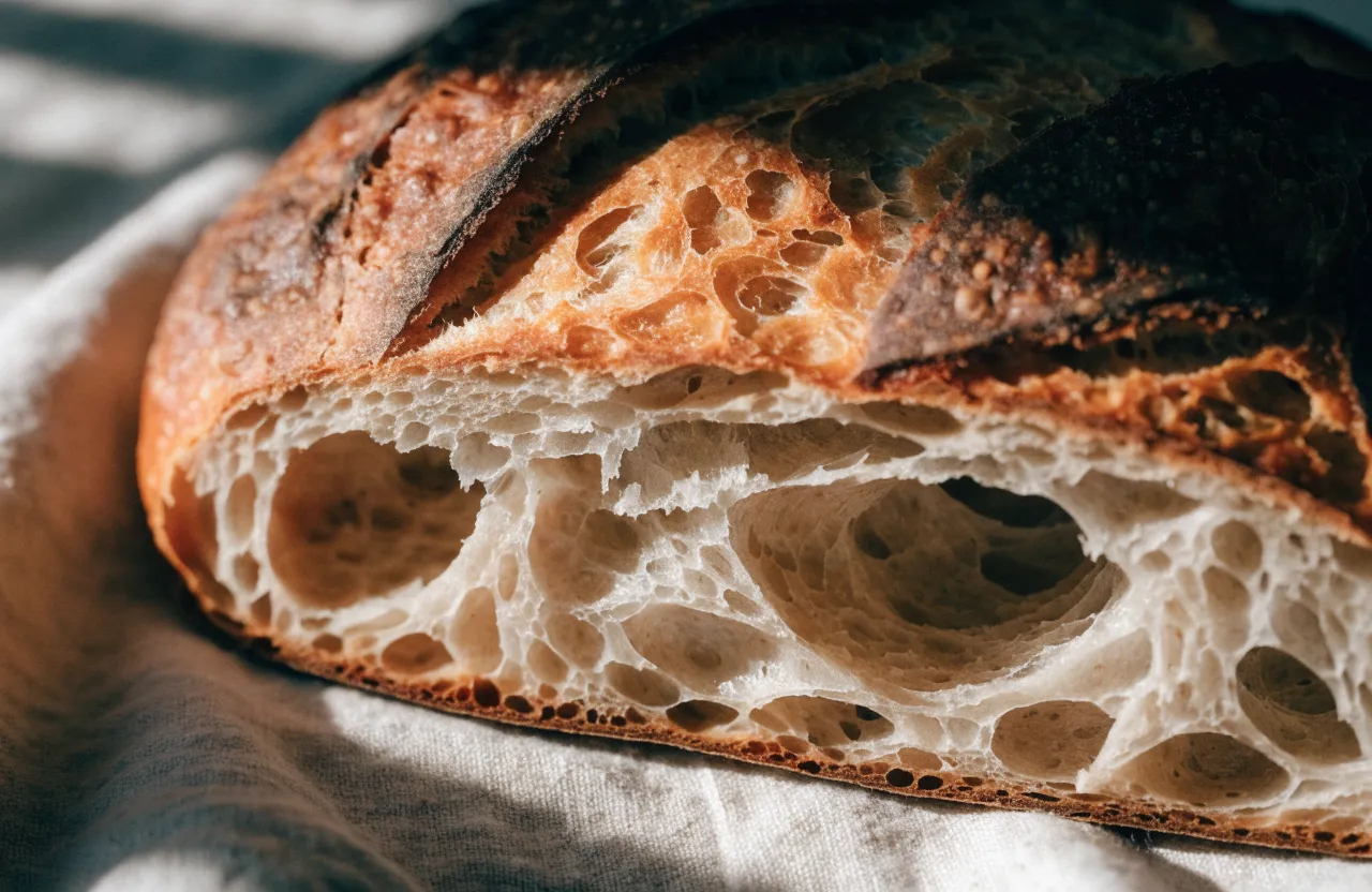 A torn artisan loaf showing an open crumb and blistered crust on a linen cloth